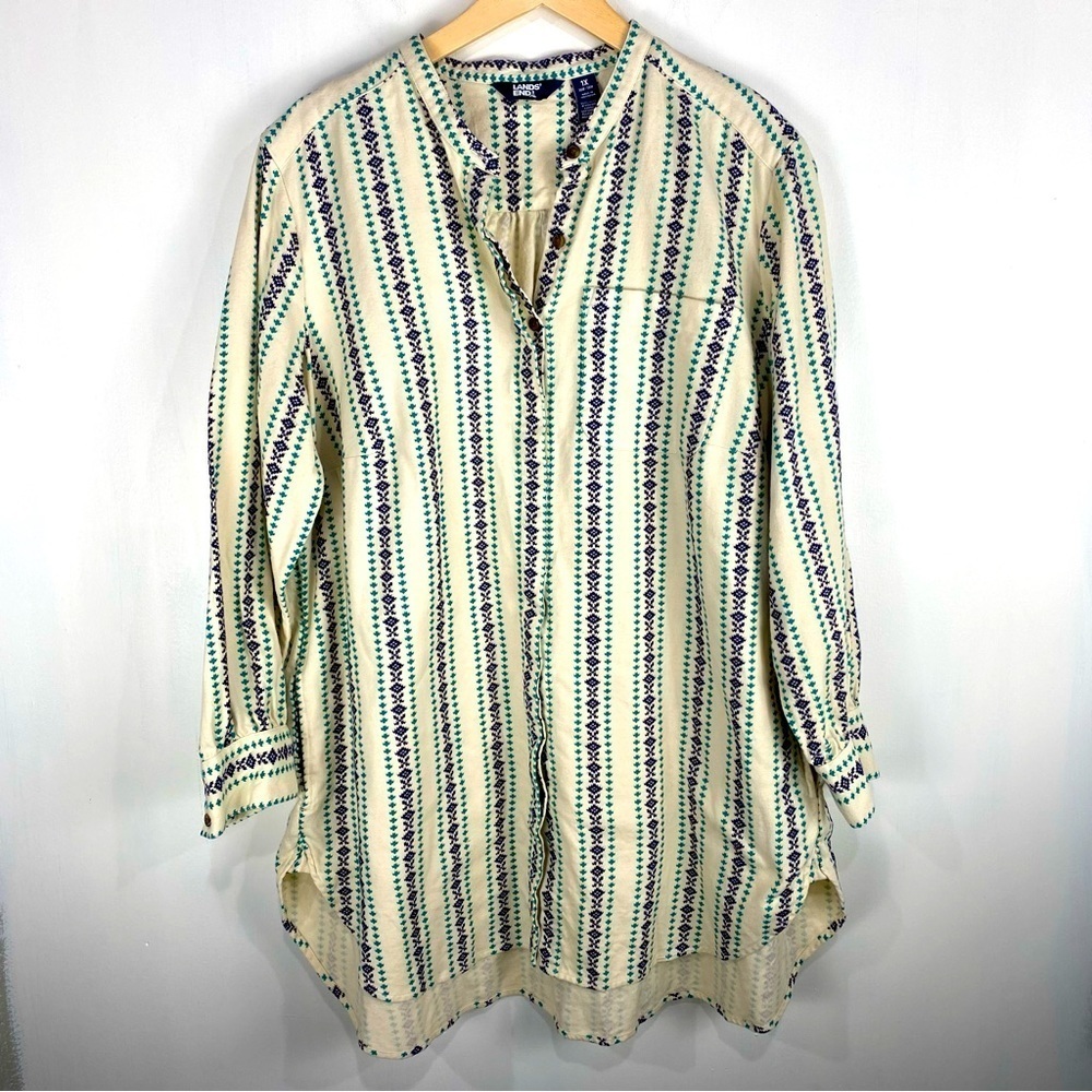 Lands' End Southwestern Aztec Print Button Up Longline Flannel Shacket Jacket 1X